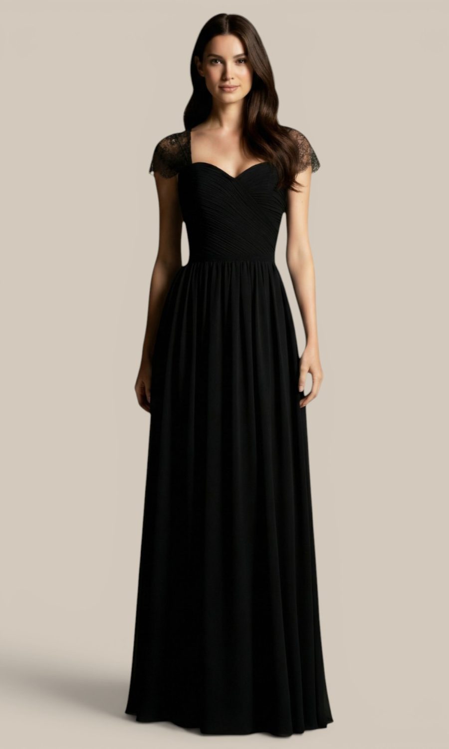 Natasha Millani black chiffon bridesmaid gown featuring romantic short lace sleeves to effortlessly coordinate a mix and match wedding.