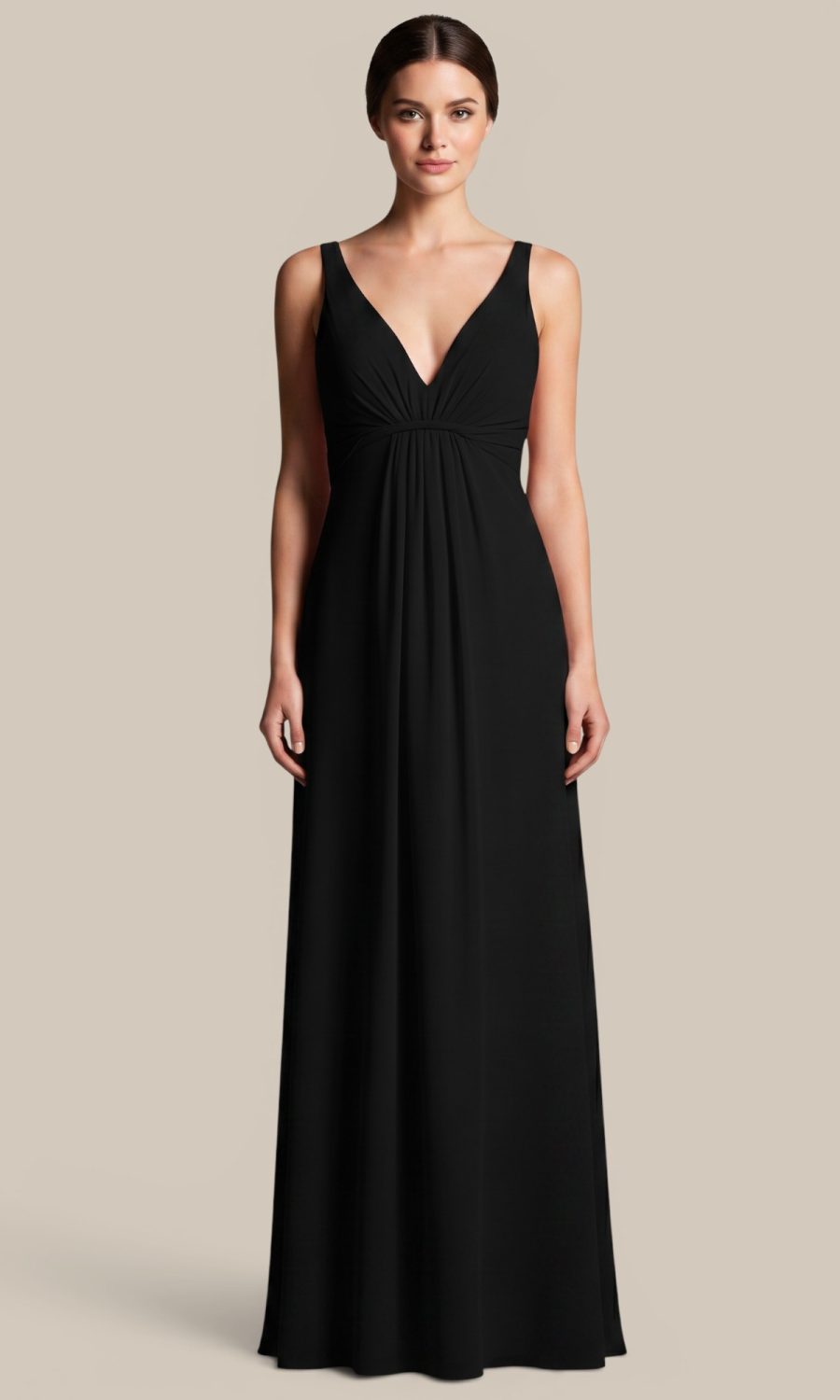 Black chiffon long V-neck bridesmaid dress by Natasha Millani, designed for an elegant, modern bridal party.