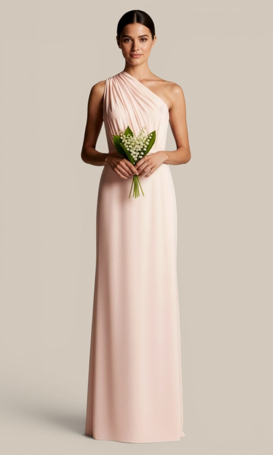 Blush pink one shoulder ruched chiffon boutique bridesmaid gown, perfectly designed for a sophisticated mix and match bridal party.