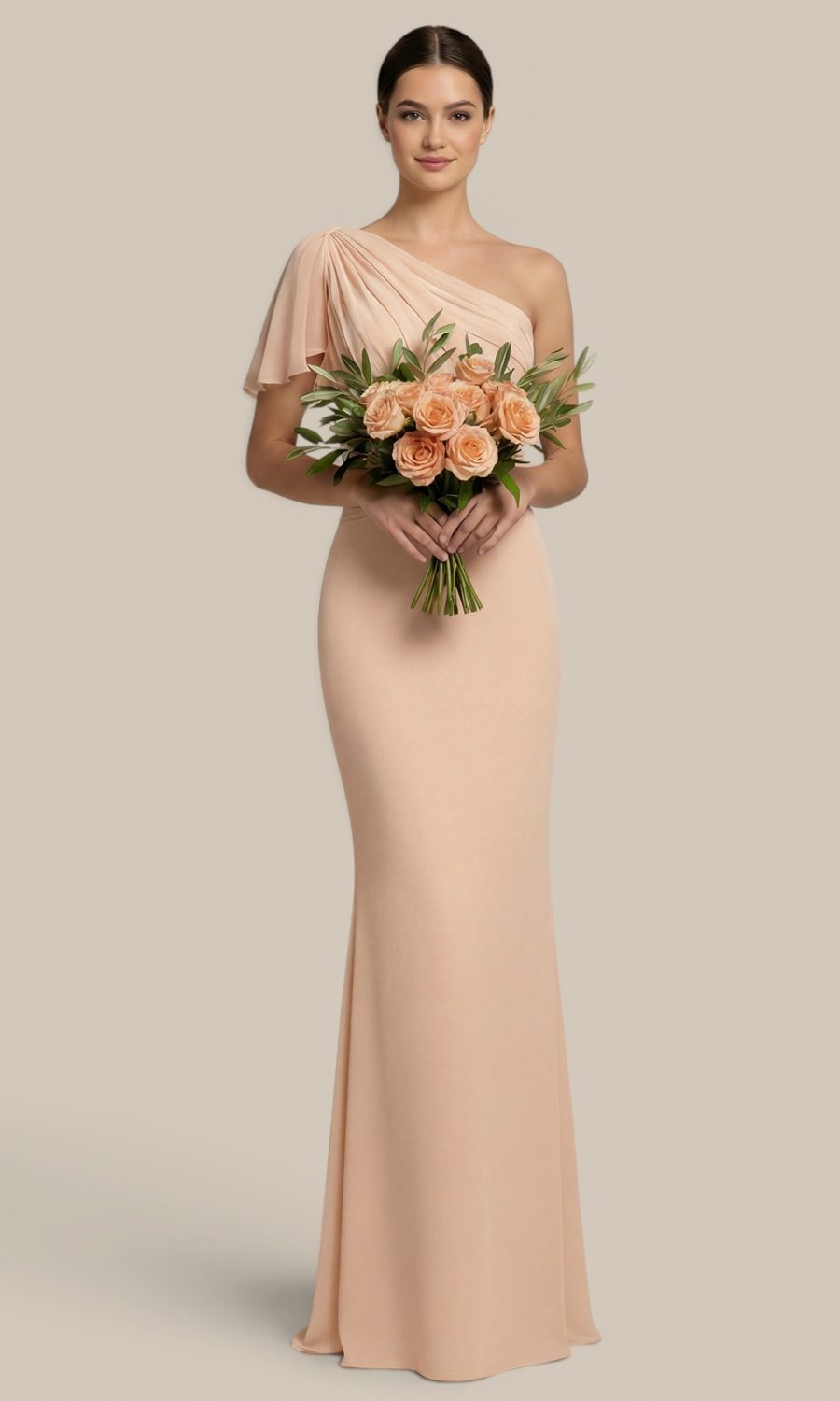 Apricot one-shoulder chiffon bridesmaid dress featuring a unique short bell sleeve, effortlessly styled with matching flower bouquet to unify mismatched wedding palette.