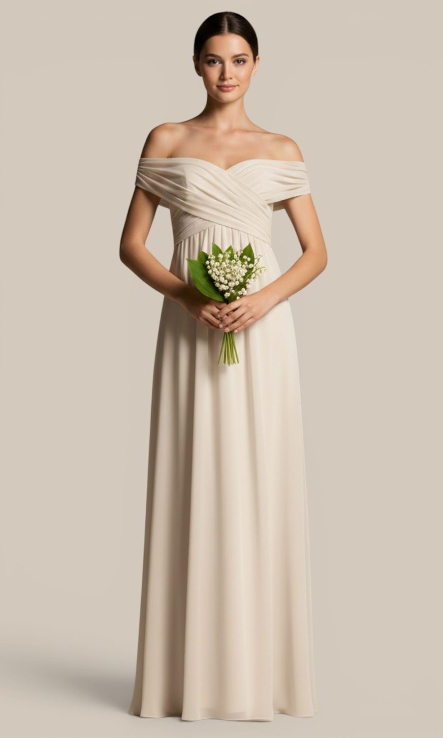 Beige off-the-shoulder chiffon bridesmaid dress by Natasha Millani, styled with a delicate lily of the valley bouquet.