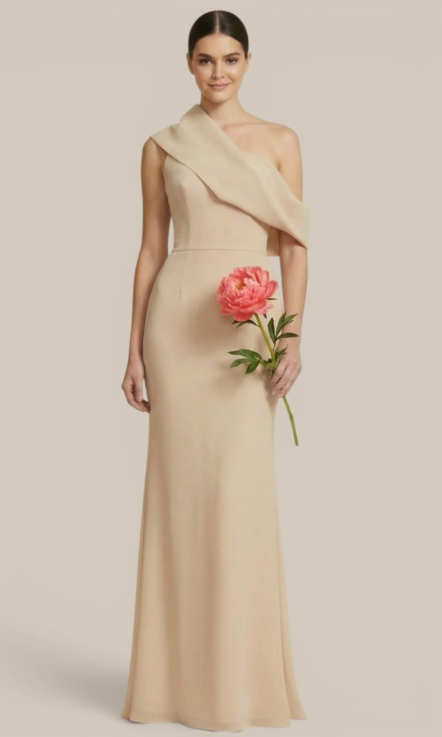 Beige chiffon convertible 2 in 1 bridesmaid dress featuring a removable draped shoulder panel that transforms strapless column style to one-shoulder style for a uniquely mismatched bridal party.