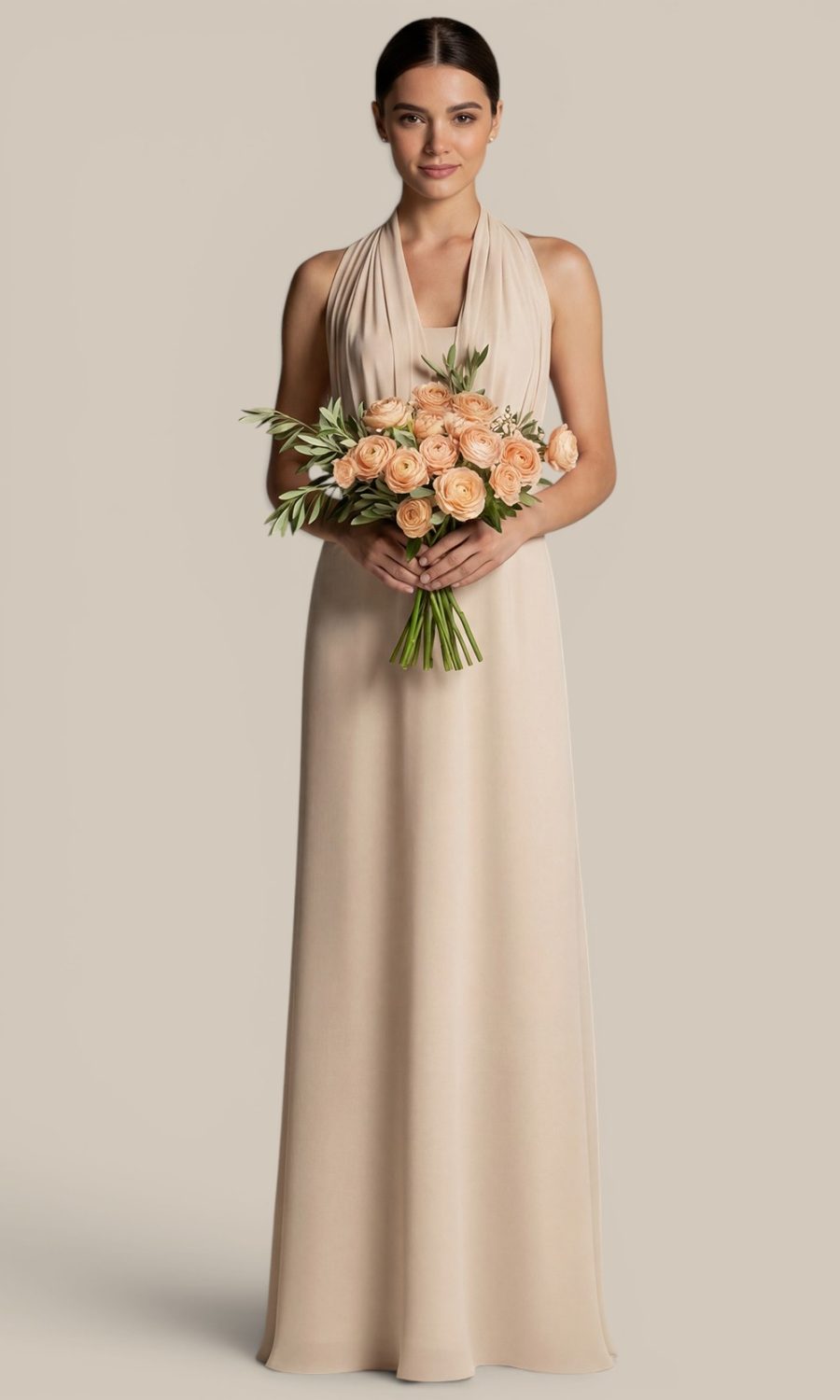 Beige chiffon halter neck long bridesmaid dress by Natasha Millani, styled with matching floral bouquet to anchor a cohesive mix and match bridal aesthetic.