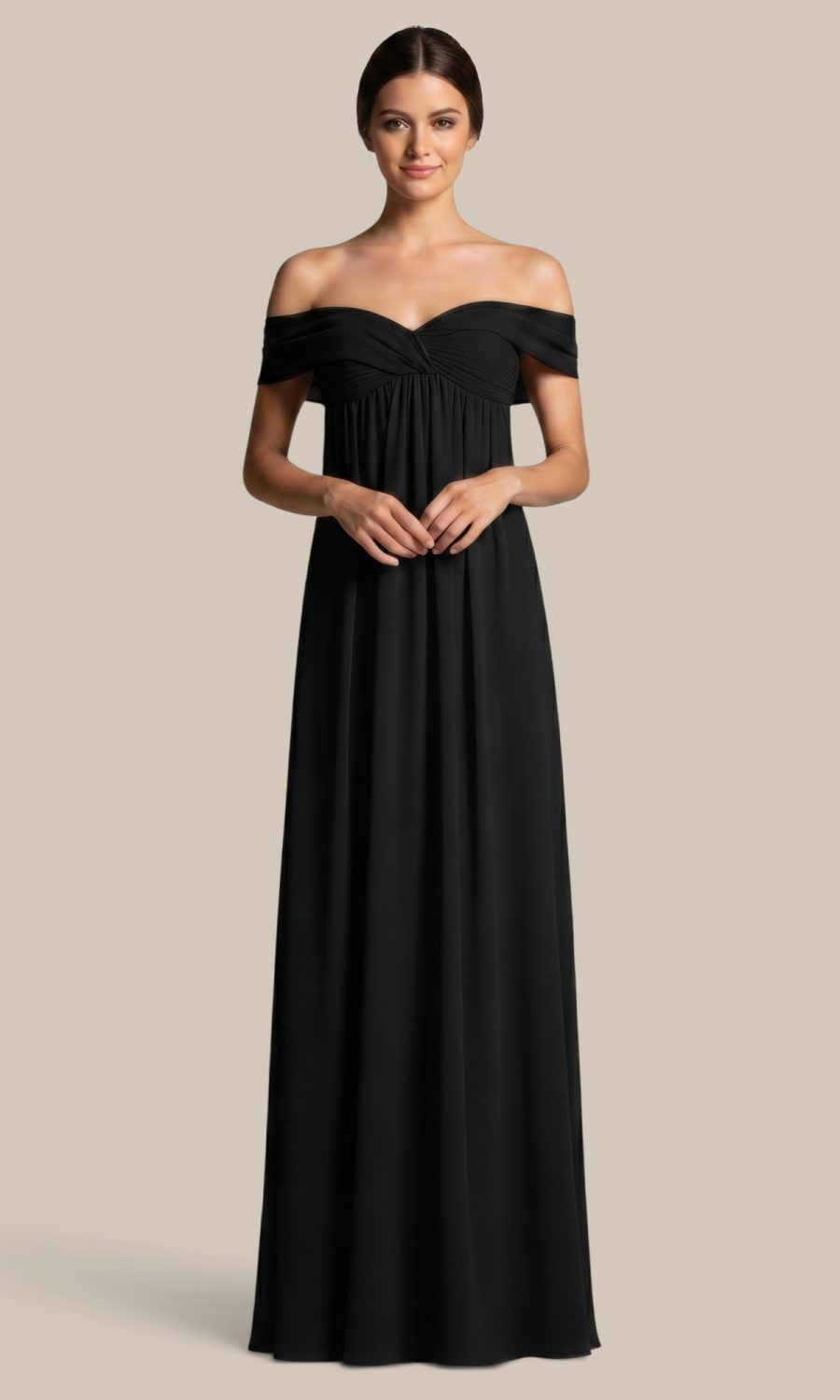 Black chiffon long off-the-shoulder bridesmaid dress by Natasha Millani, featuring romantic draped straps and a pleated bust.