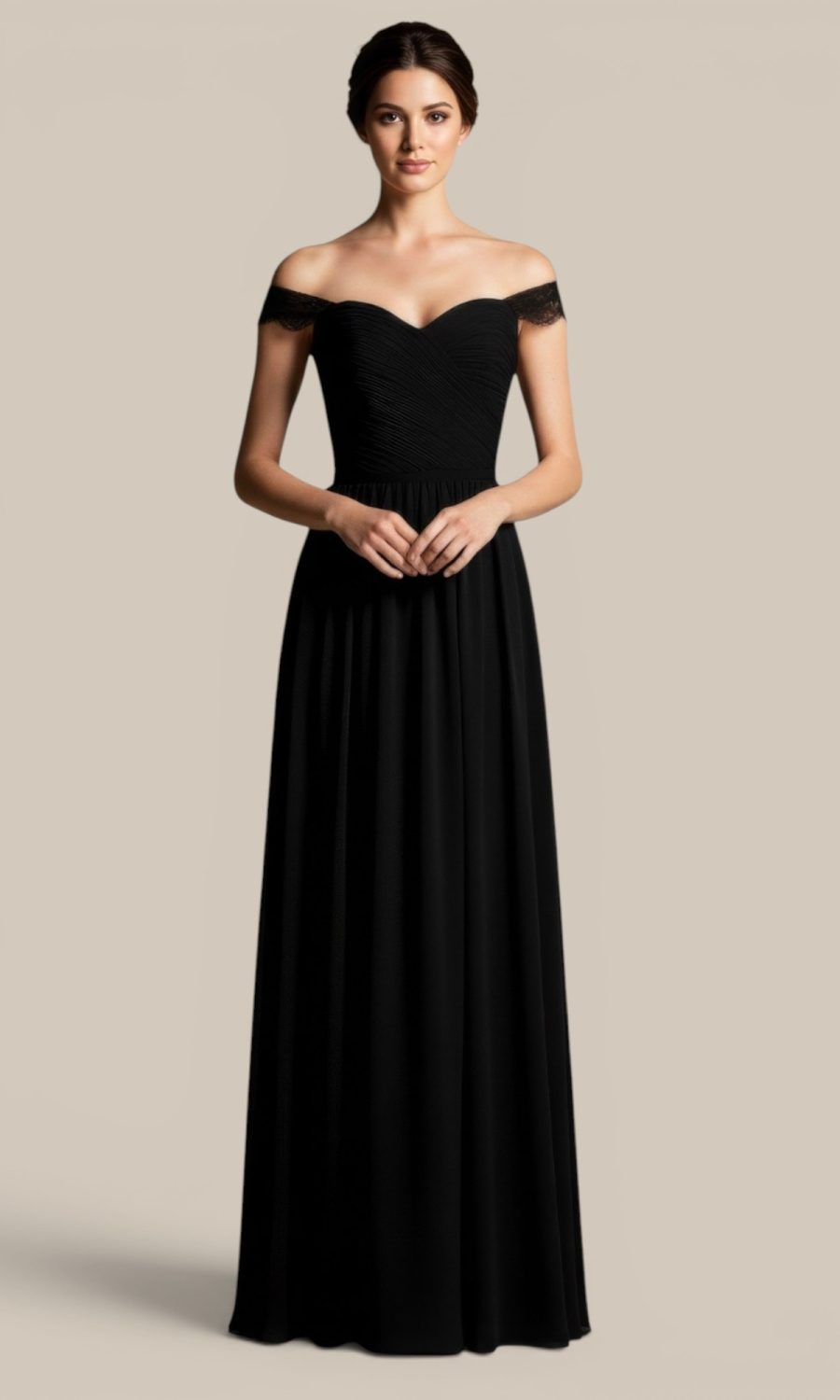 Black chiffon draped off-the-shoulder bridesmaid dress with lace by Natasha Millani for a flawlessly cohesive, mismatched bridal party.