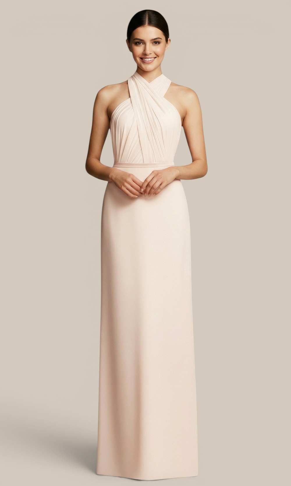 Natasha Millani blush pink chiffon cross halter bridesmaid dress, part of the curated mix and match bridal party.