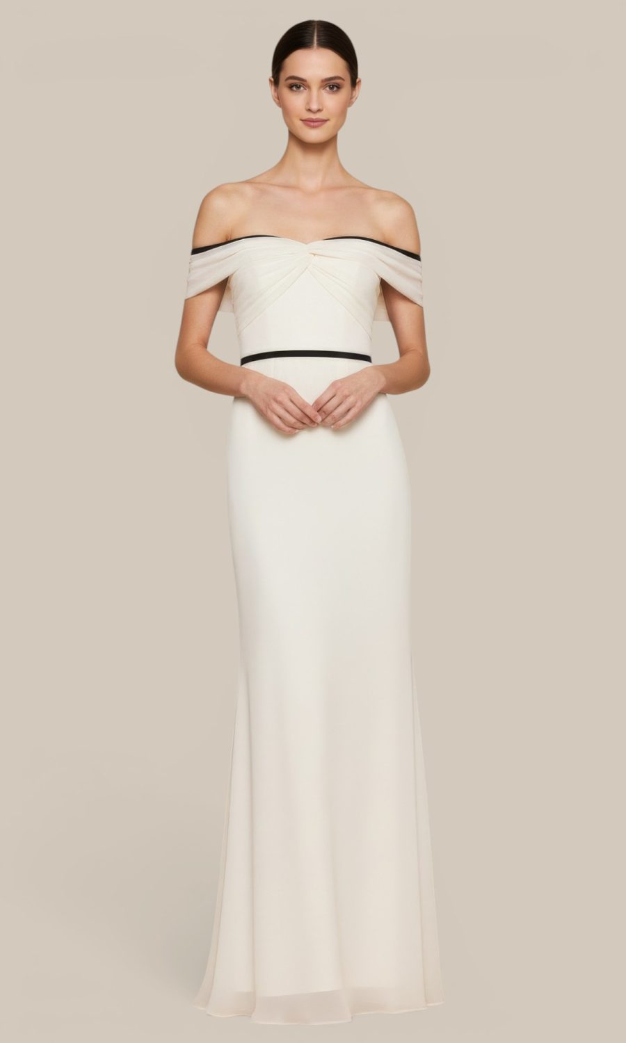White chiffon formal gown featuring romantic draped shoulder panels and a bold black silky satin trim at the waist and along off the shoulder straps.