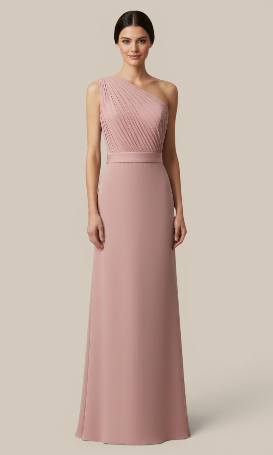Natasha Millani dusty pink chiffon one-shoulder boutique bridesmaid dress, part of a curated pastel bridal party aesthetic.