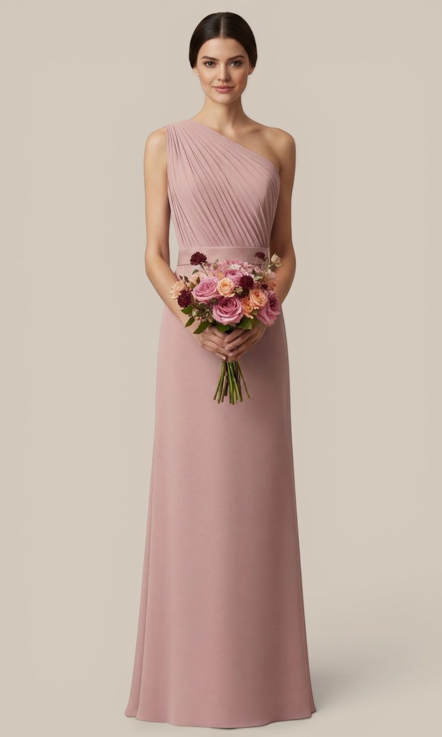 Full-length view of an elegant bridesmaid, wearing a dusty pink boutique chiffon one shoulder bridesmaid dress, holding a matching floral bouquet to showcase a flawlessly coordinated wedding aesthetic.
