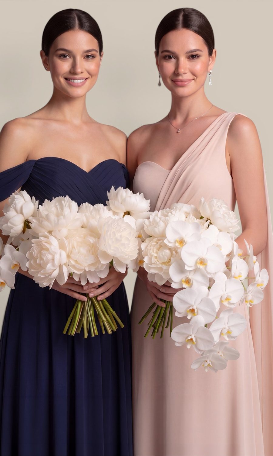 Two bridesmaids wearing mismatched navy and ivory chiffon dresses by Natasha Millani, beautifully unified by matching bouquets of white peonies and orchids.