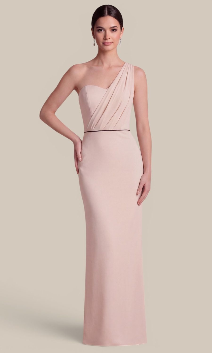 Ivory chiffon one-shoulder bridesmaid dress by Natasha Millani, beautifully unified by a black satin waist trim for a cohesive mix and match bridal party.