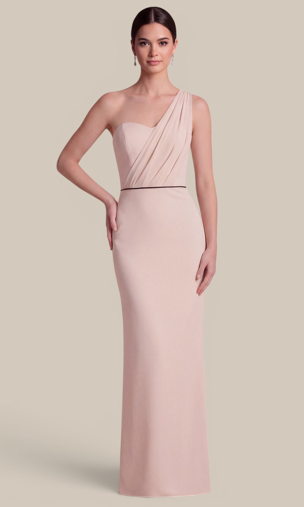 Ivory chiffon one-shoulder bridesmaid dress by Natasha Millani, beautifully unified by a black satin waist trim for a cohesive mix and match bridal party.