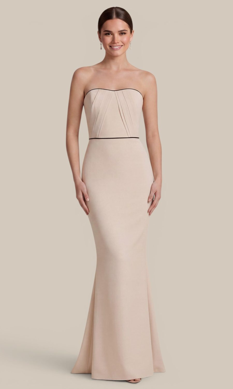 Ivory chiffon a-line bridesmaid dress by Natasha Millani, perfectly accentuated with a contrasting black waistband.