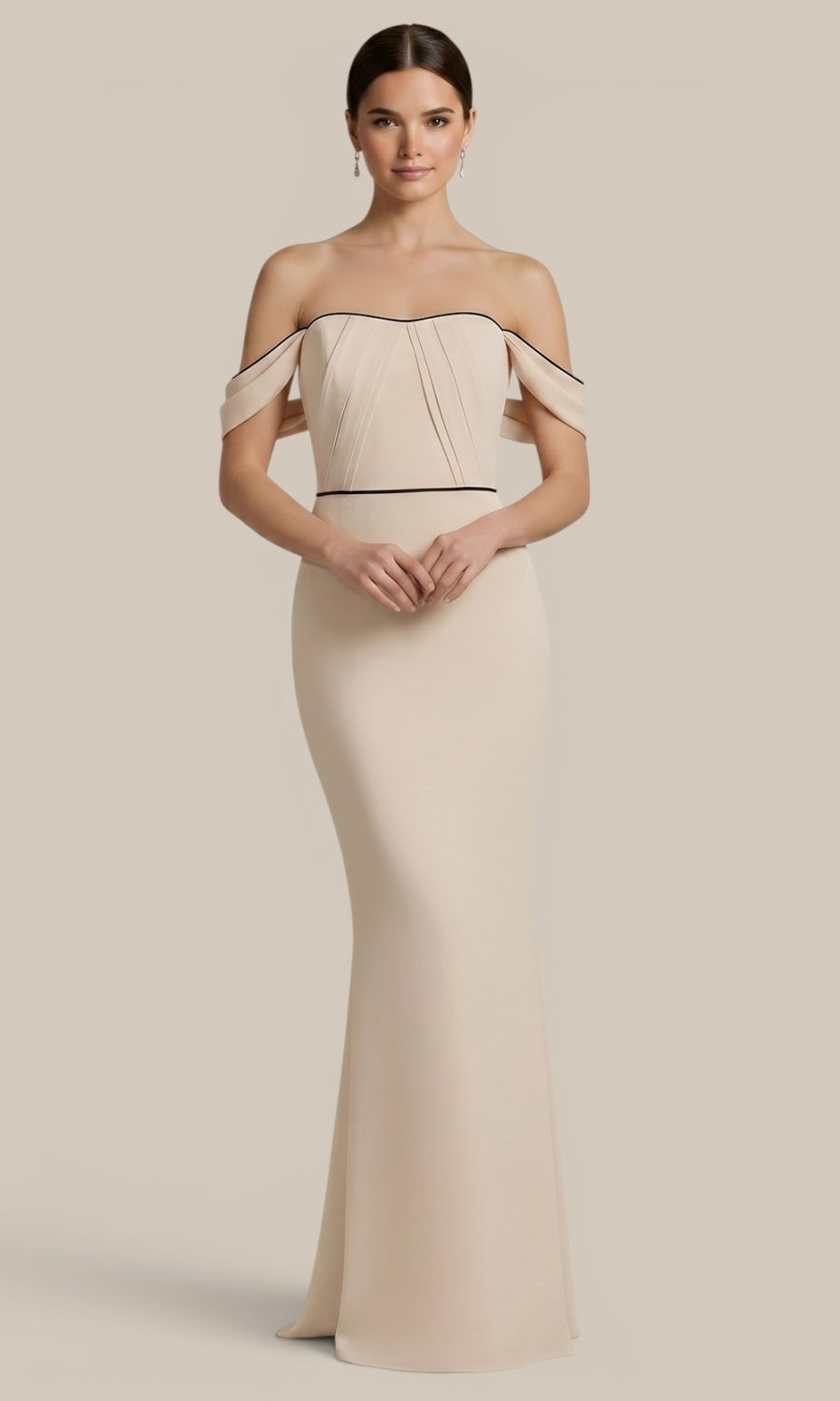 Tailored ivory chiffon bridesmaid dress featuring romantic off-the-shoulder details and a bold black silky satin trim.