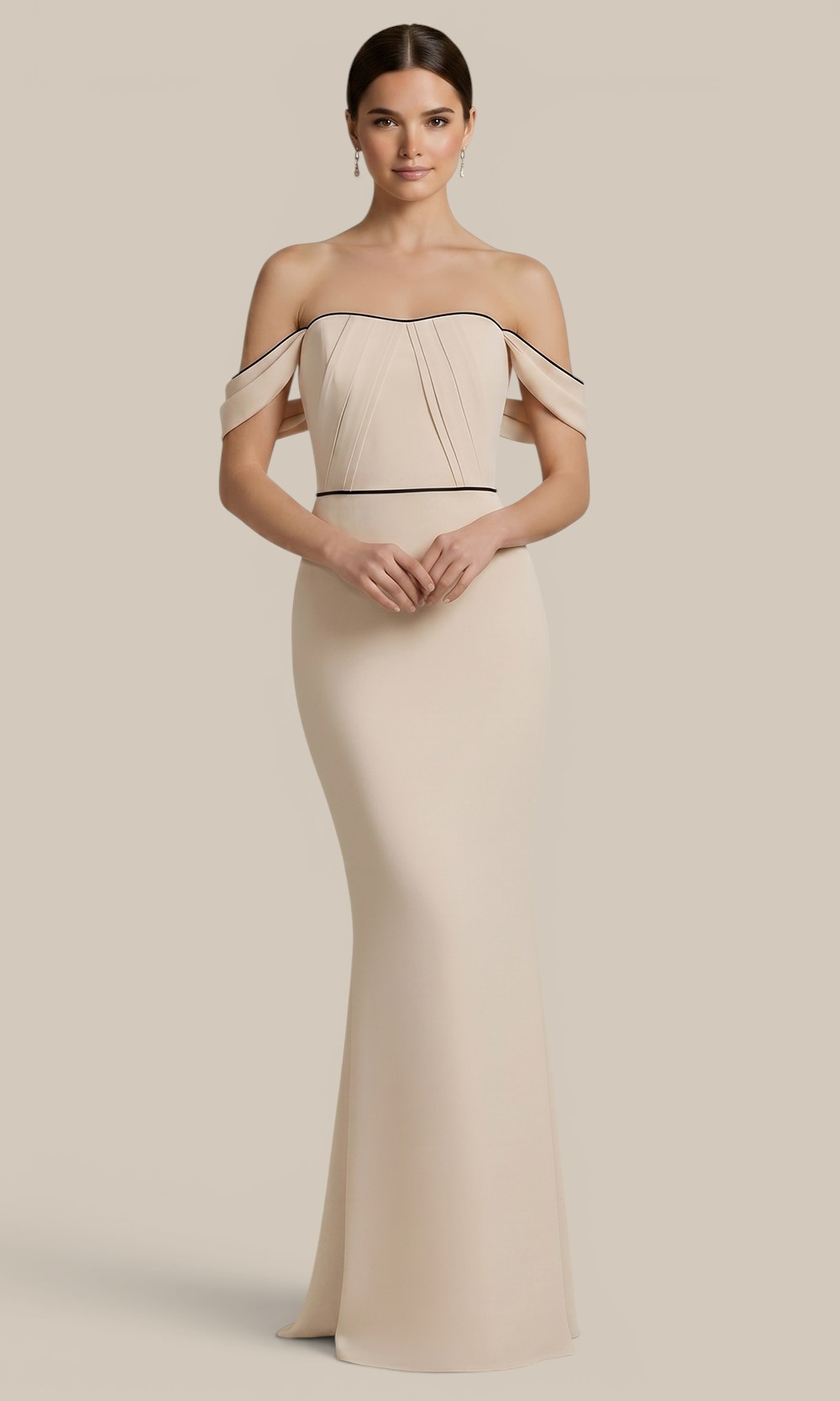 ivory-with-black-trim-off-shoulder-bridesmaid-dress
