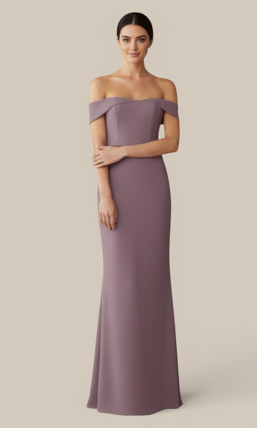 Mauve off-the-shoulder chiffon bridesmaid dress, a popular choice for for a mix and match bridal party.