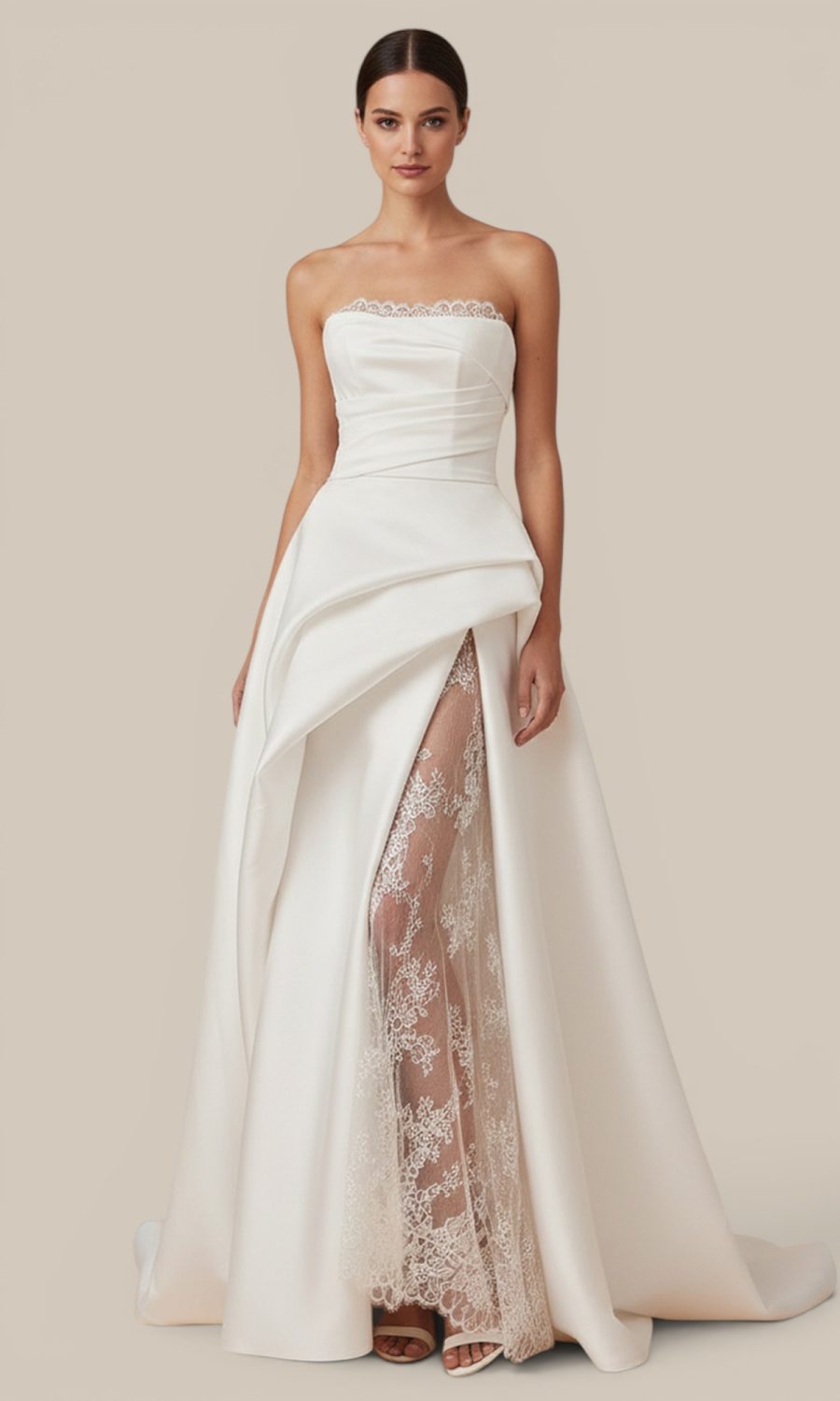 Bride is wearing an elegant boutique off-white Italian Mikado wedding dress with architectural draping, a side slit and authentic French Chantilly lace underlay.