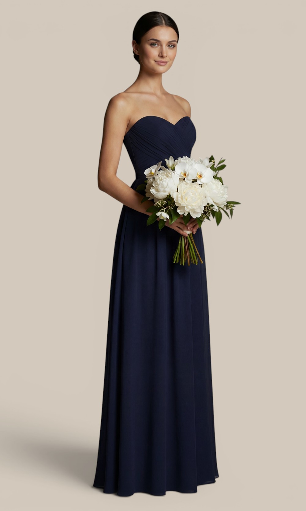 Classic navy blue chiffon bridesmaid dress with removable spaghetti shoulder straps, styled with an elegant bouquet of white peonies and orchids.