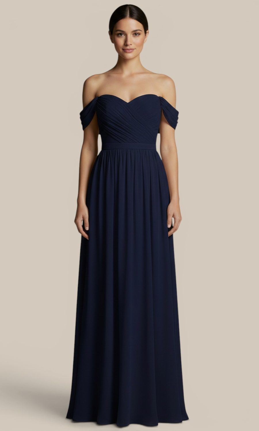Romantic navy blue chiffon off-the-shoulder bridesmaid dress by Natasha Millani, featuring elegantly draped sleeves and tailored fitted bodice.