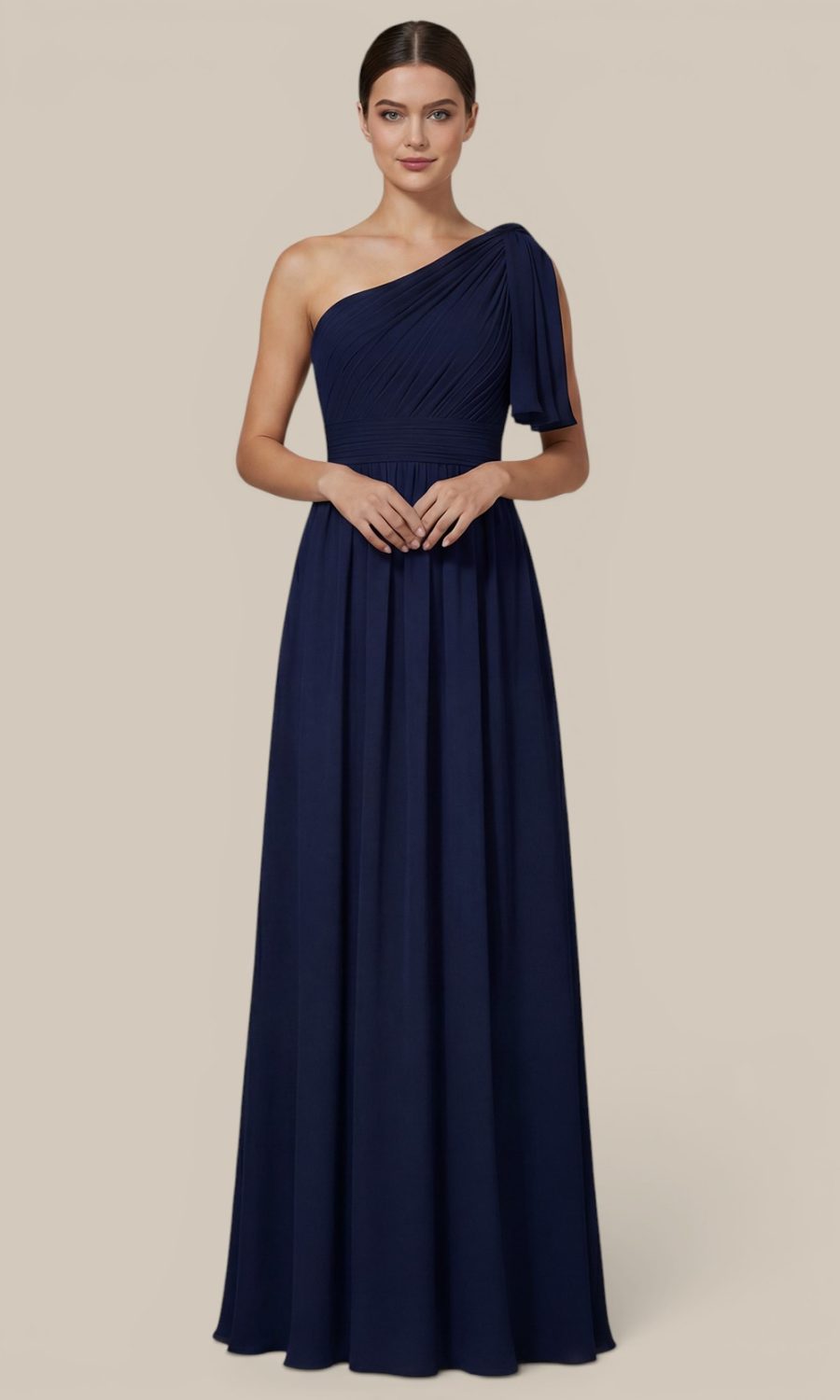 Graceful navy blue one-shoulder chiffon bridesmaid dress with off the shoulder straps, designed for a flawlessly cohesive, mix and match wedding palette.