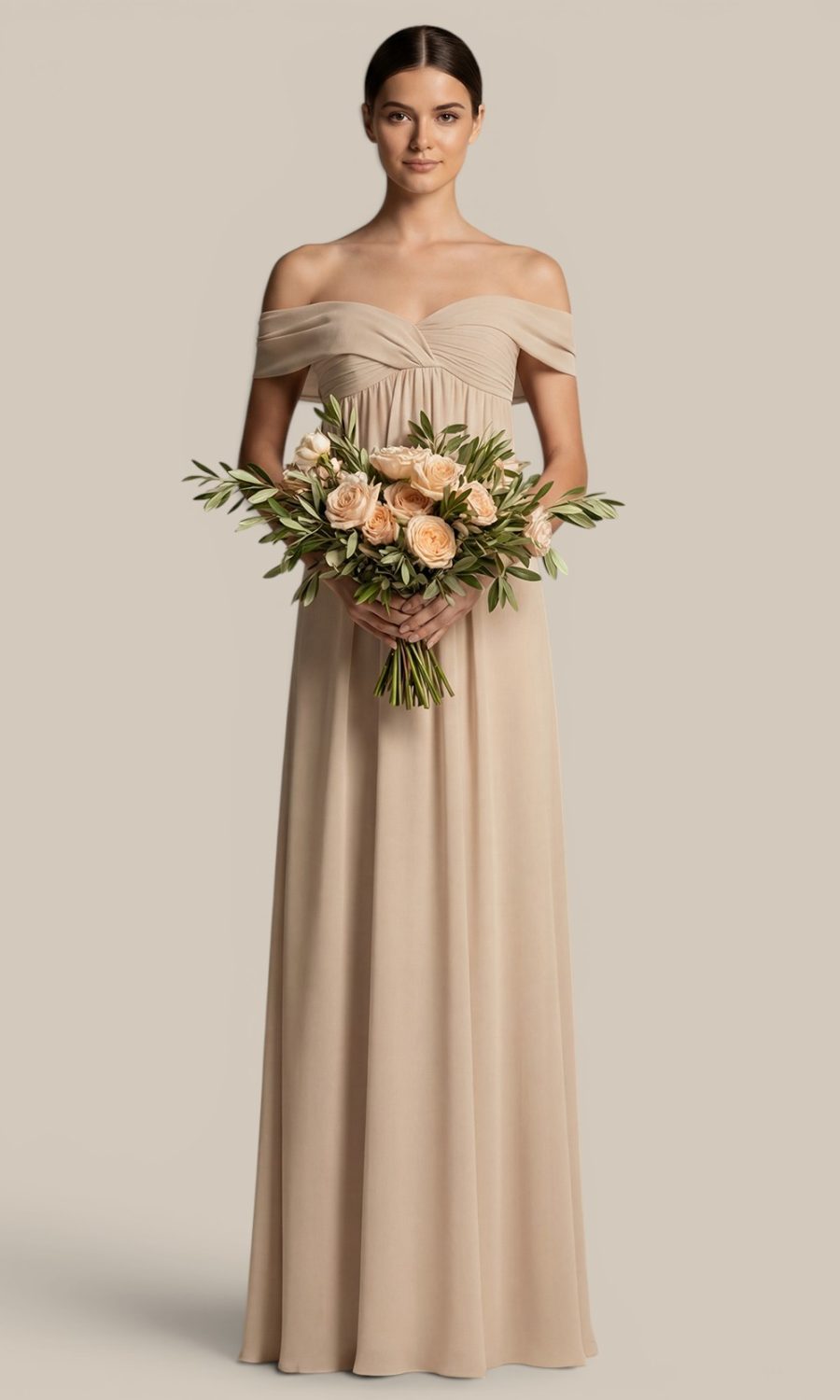 Nude chiffon bridesmaid dress by Natasha Millani, featuring romantic draped off-the-shoulder straps for a warm neutral bridal party.