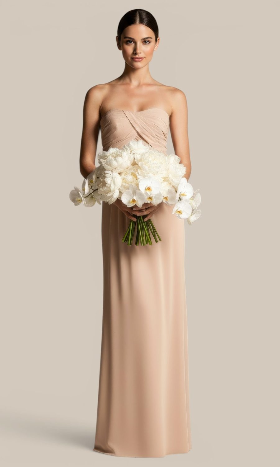 Natasha Millani nude colour premium chiffon bridesmaid dress, styled with a matching floral bouquet of white orchids and white peonies for an elegantly mismatched, modern bridal party.