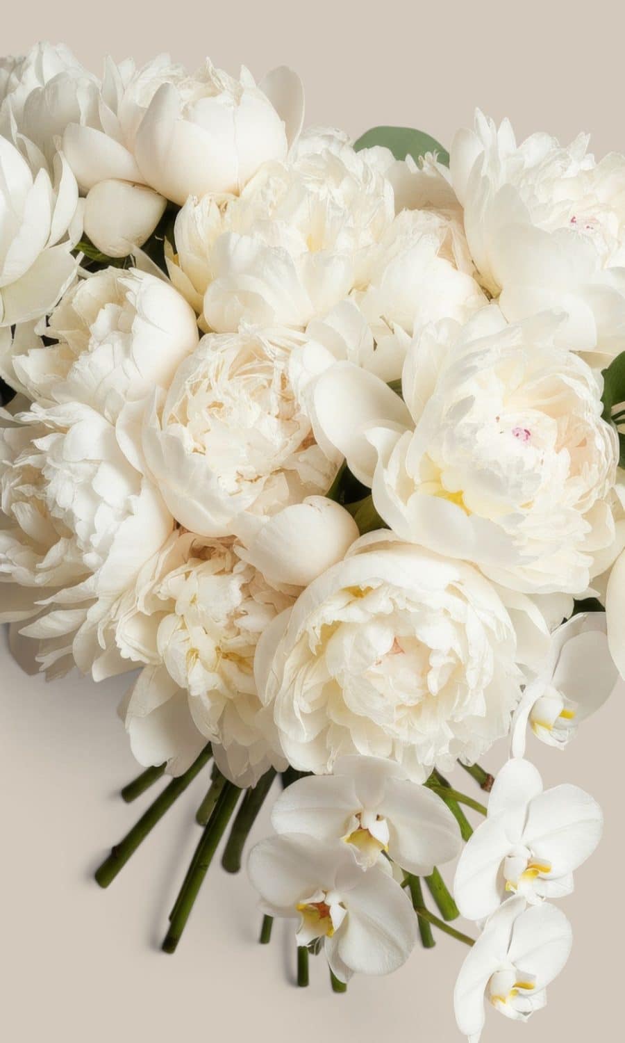 Elegant bridesmaid bouquet, featuring white orchids and lush white peonies, the unifying element for mismatched sage green and pastel bridesmaid dresses.