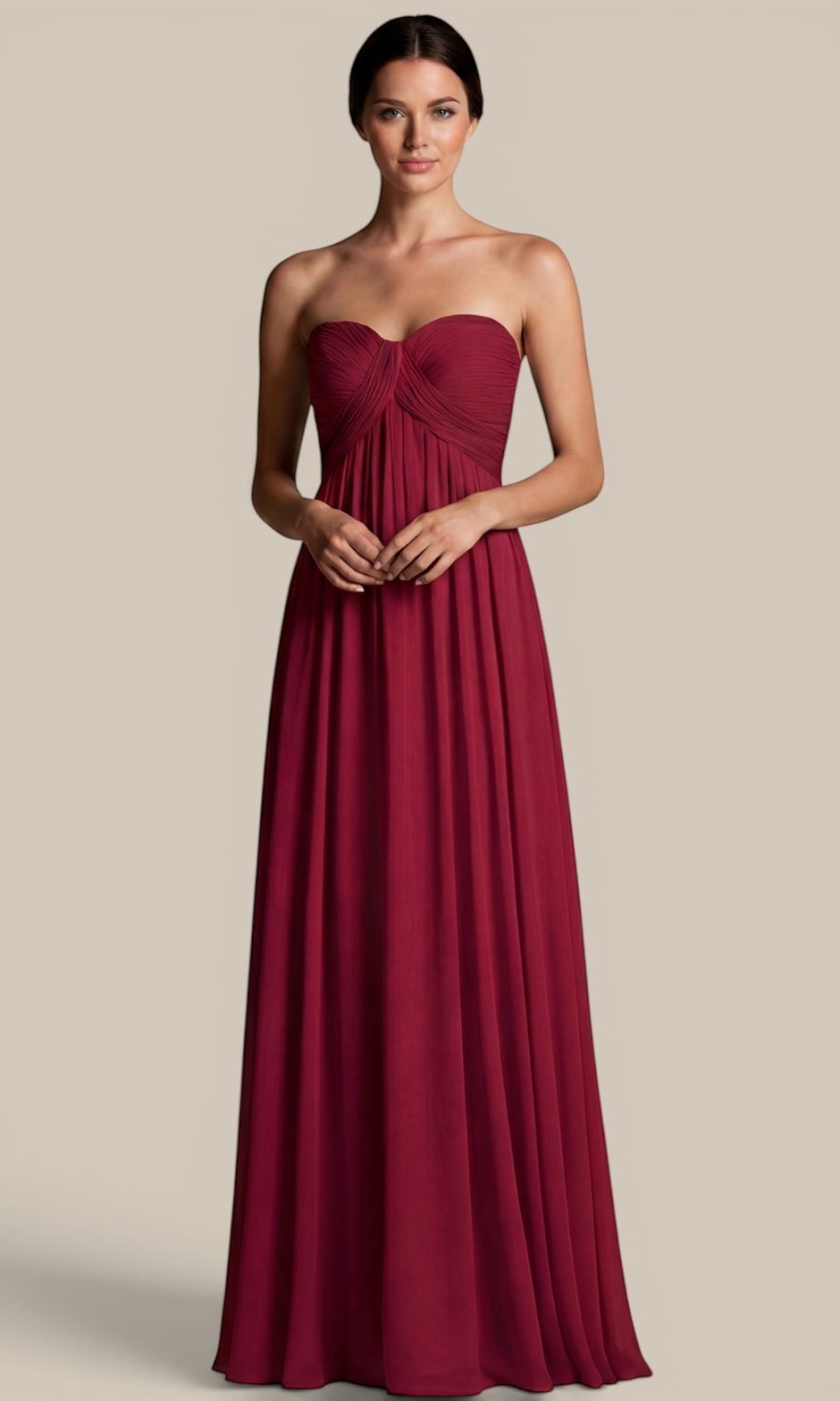 A stunning full-length view of our raspberry dark pink silk boutique bridesmaid dress, elegantly styled for a modern bridal party.