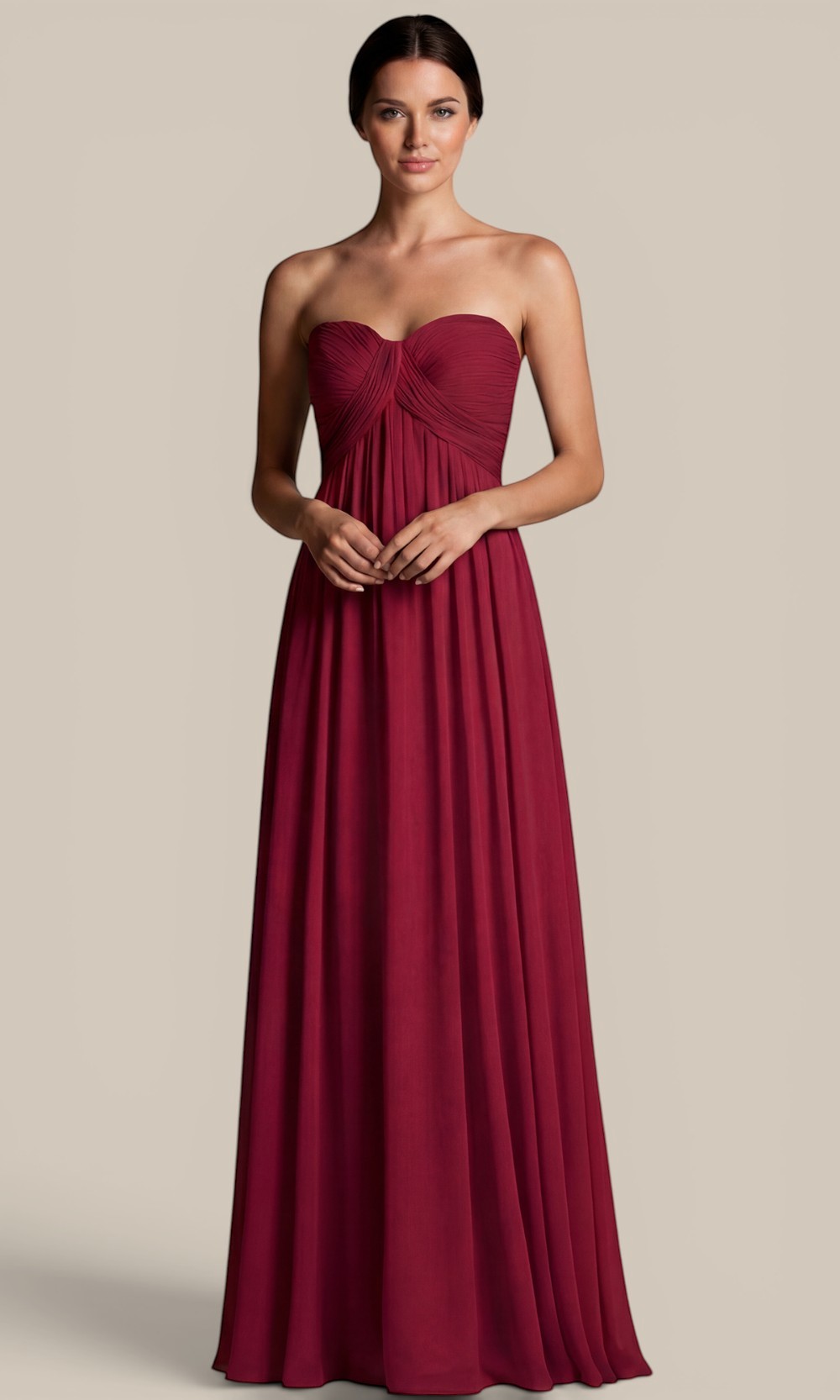 A stunning full-length view of our raspberry dark pink silk boutique bridesmaid dress, elegantly styled for a modern bridal party.