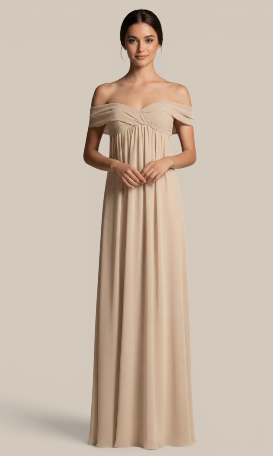 Beige off-the-shoulder chiffon bridesmaid dress by Natasha Millani, featuring elegantly draped straps and a pleated bust for romantic theme.
