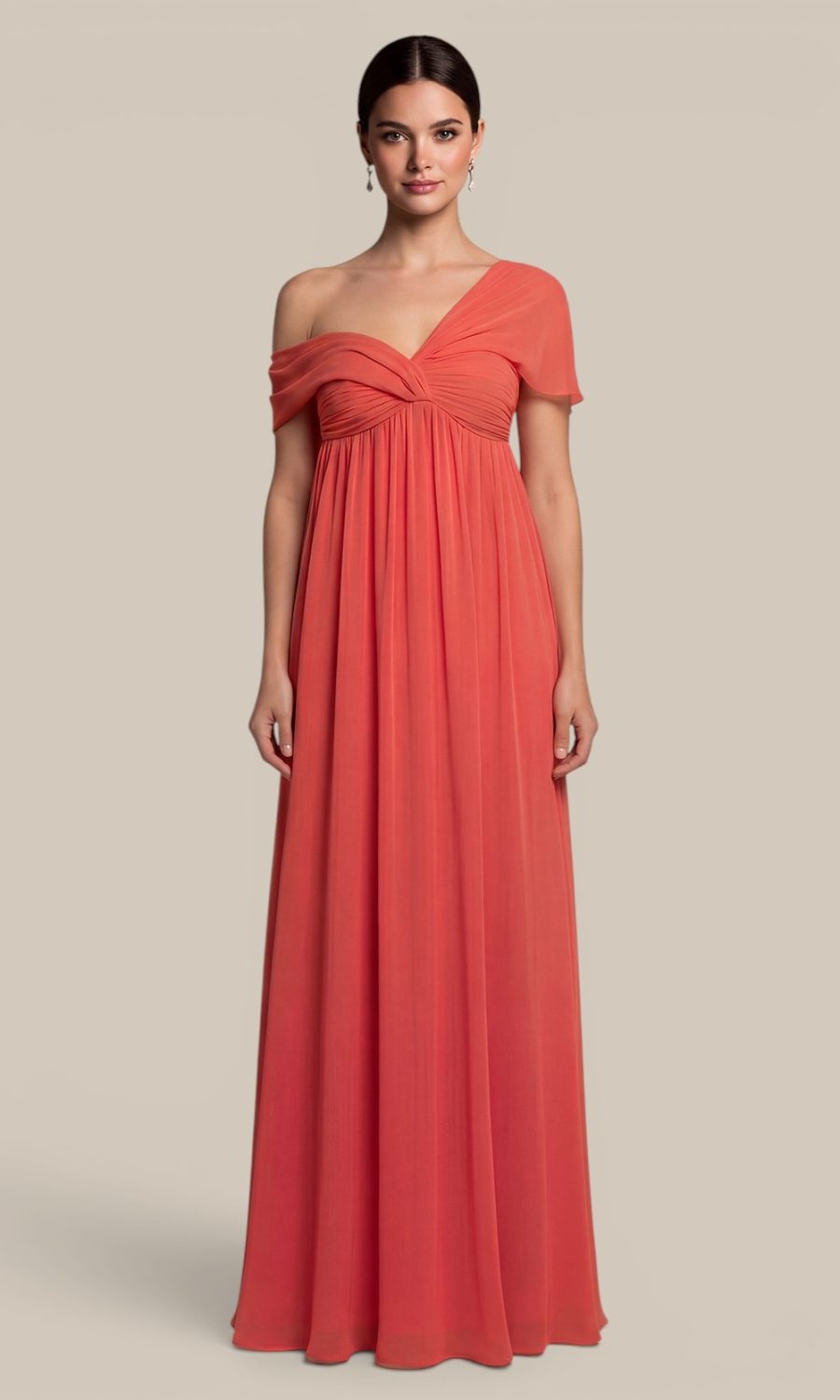 Pink chiffon one-shoulder bridesmaid dress by Natasha Millani, designed with a delicate short sleeve and draped off the shoulder panel.