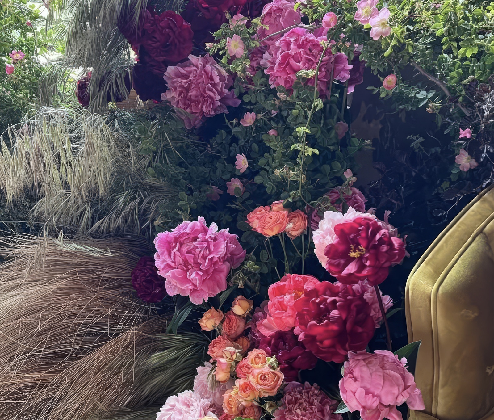 Screenshot Wedding reception flower arrangement designed to complement our dusty pink, blush and pink boutique bridesmaid dresses. Curated florals effortlessly unify mismatched bridesmaid dresses, creating a cohesive and elegant aesthetic.