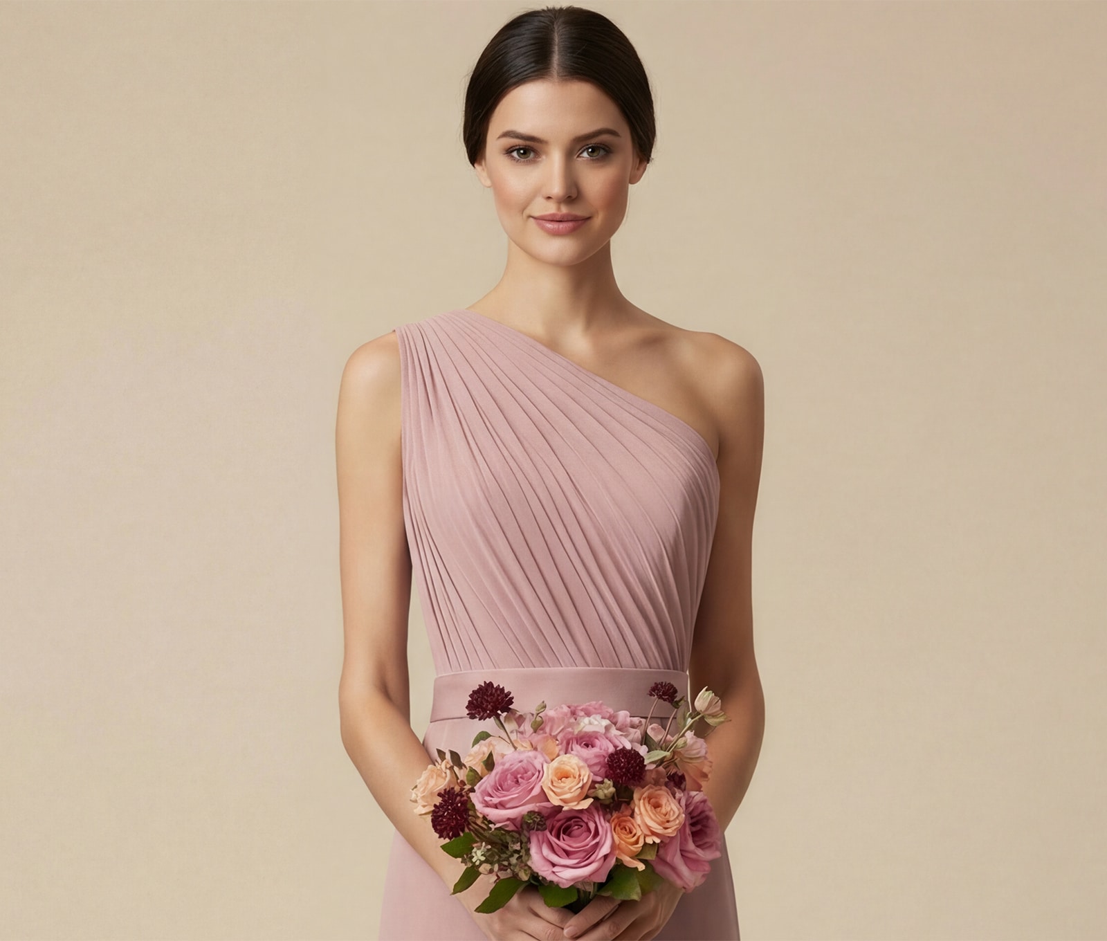 dusty-pink-chiffon-boutique-bridesmaid-dress Elegant bridesmaid in the dusty pink boutique bridesmaid dress holding matching bouquet in pink shades, which complements wedding floral reception decor and offers effortless solution to coordinate mix and match dresses.