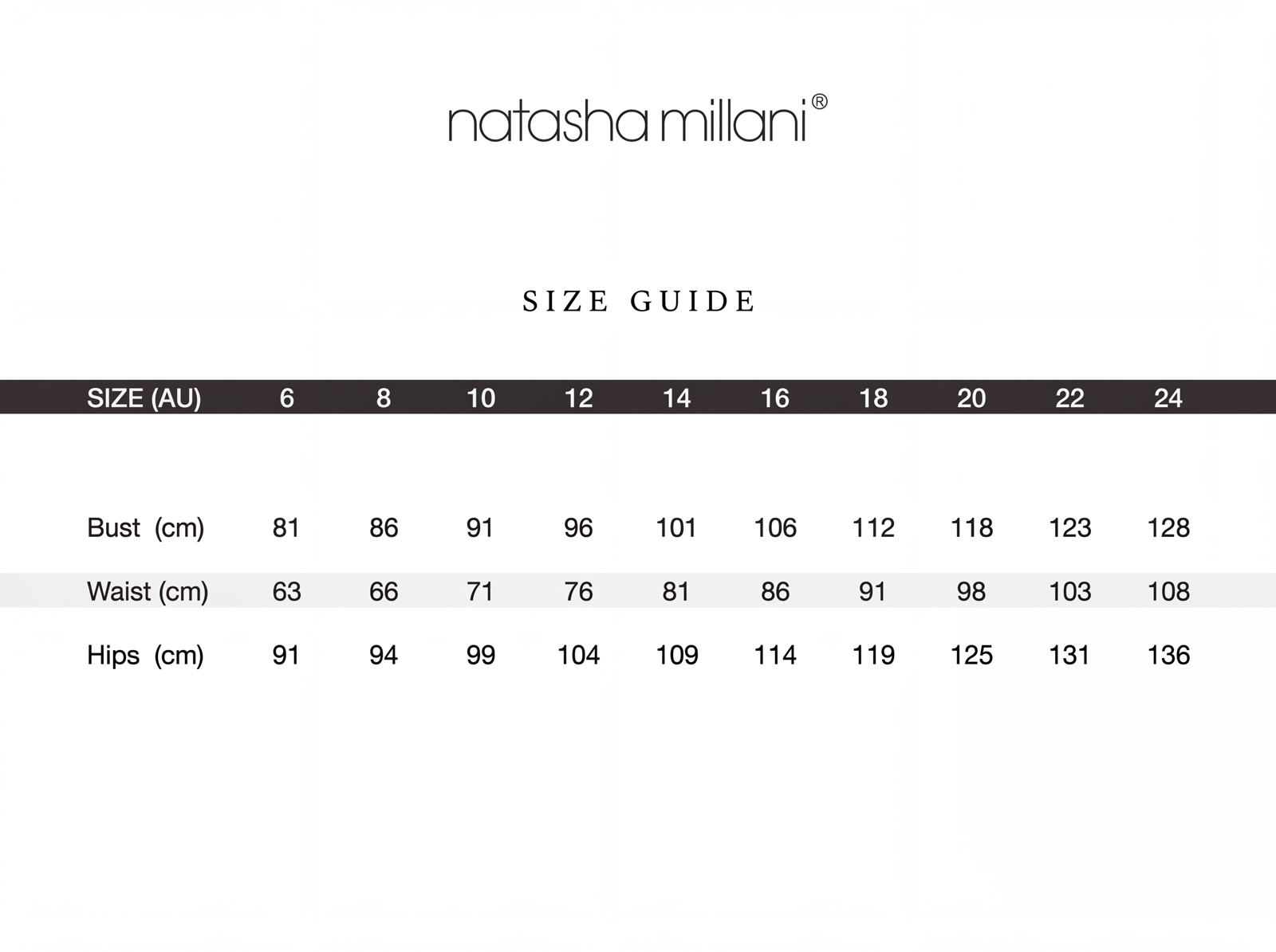 Comprehensive boutique bridesmaid dresses size guide, featuring accurate bust, waist and hips measurements to ensure an impeccable, tailored fit for your bridal party.