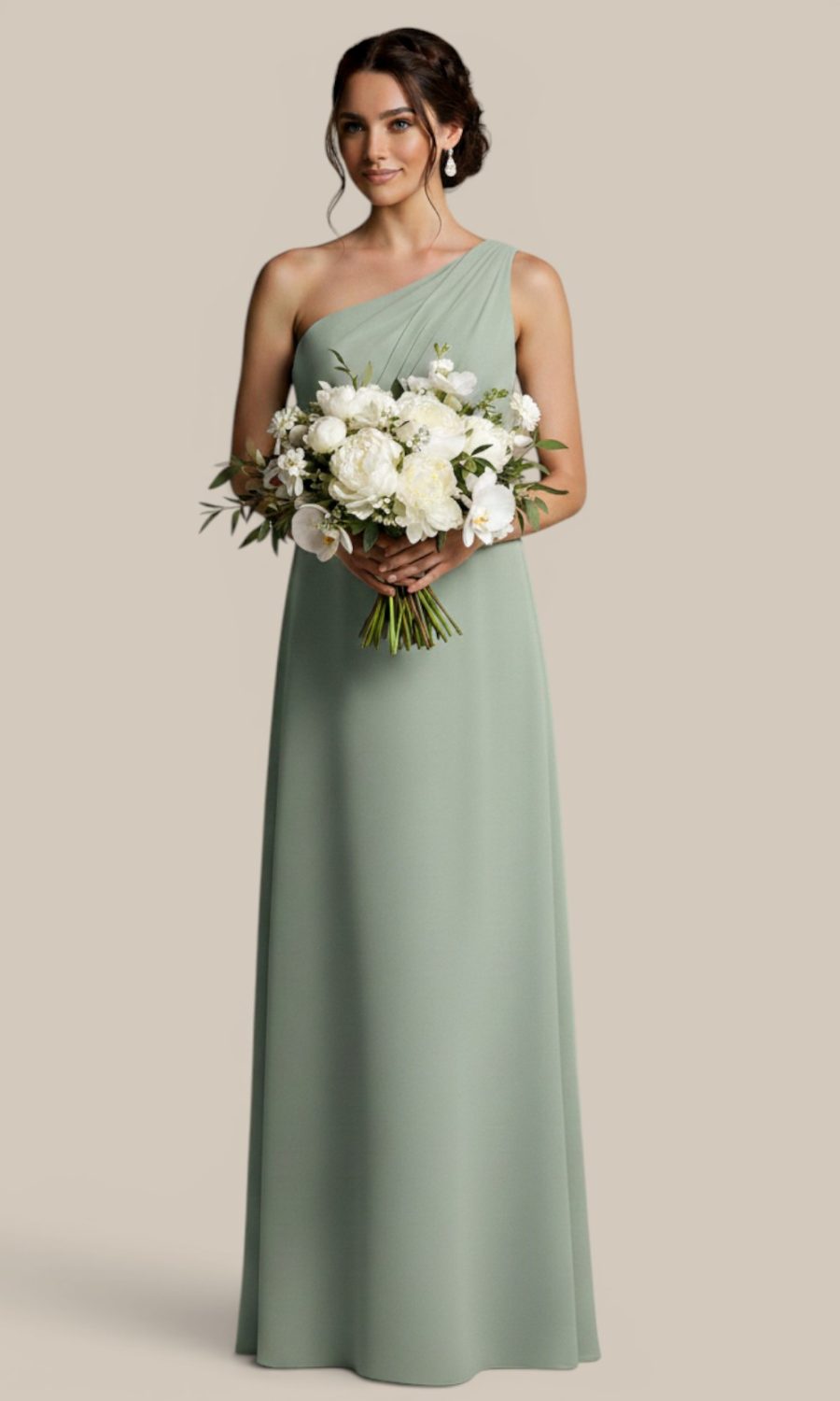 Sage green chiffon one shoulder bridesmaid dress styled with a matching floral bouquet of white lush peonies and white orchids, the unifying element for our mismatched bridesmaid dresses.