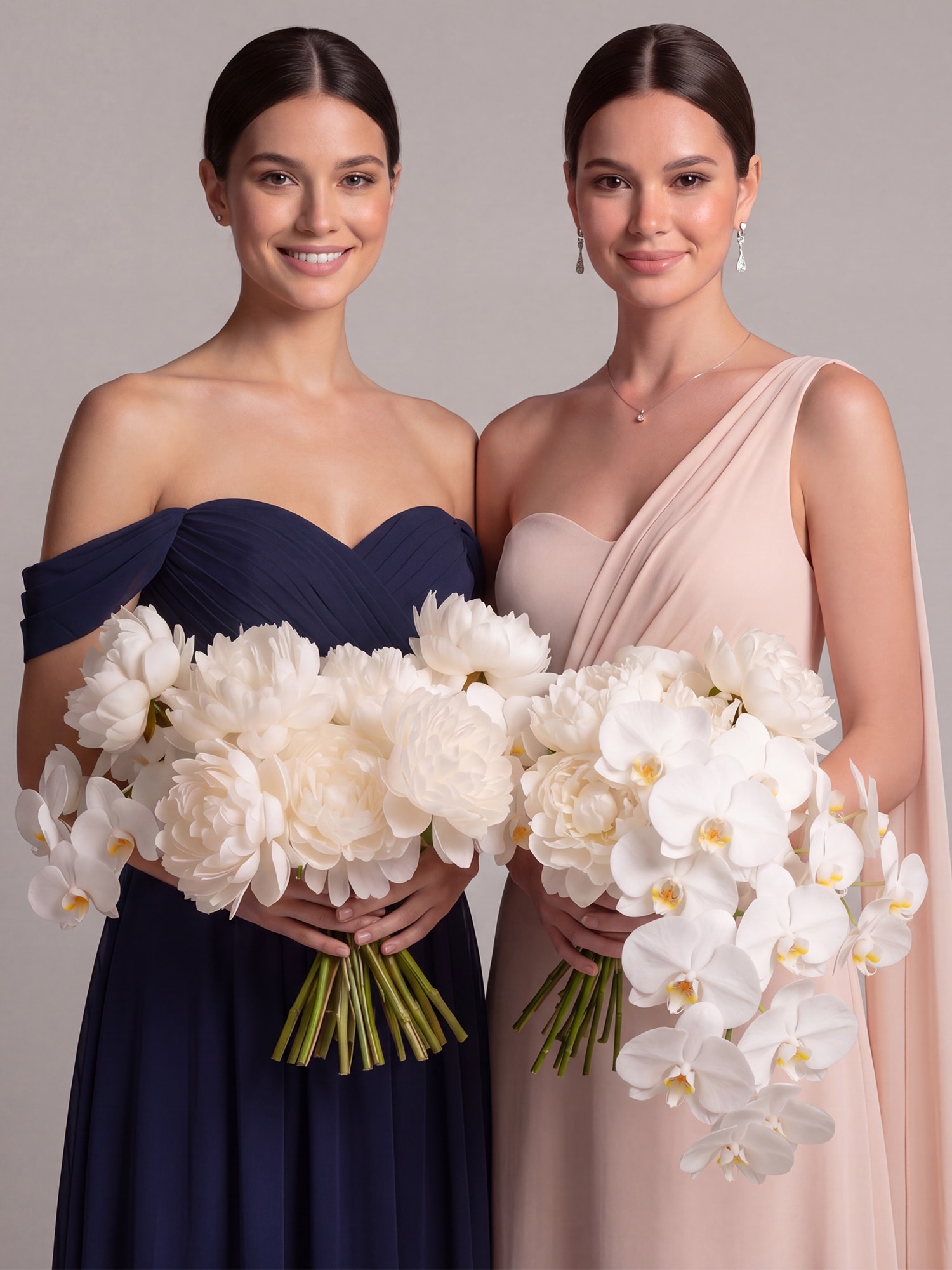 bridesmaid-dresses-navy-blue-ivory-wedding-theme Elegant bridesmaid in the dusty pink boutique bridesmaid dress holding matching bouquet in pink shades, which complements wedding floral reception decor and offers effortless solution to coordinate mix and match dresses.