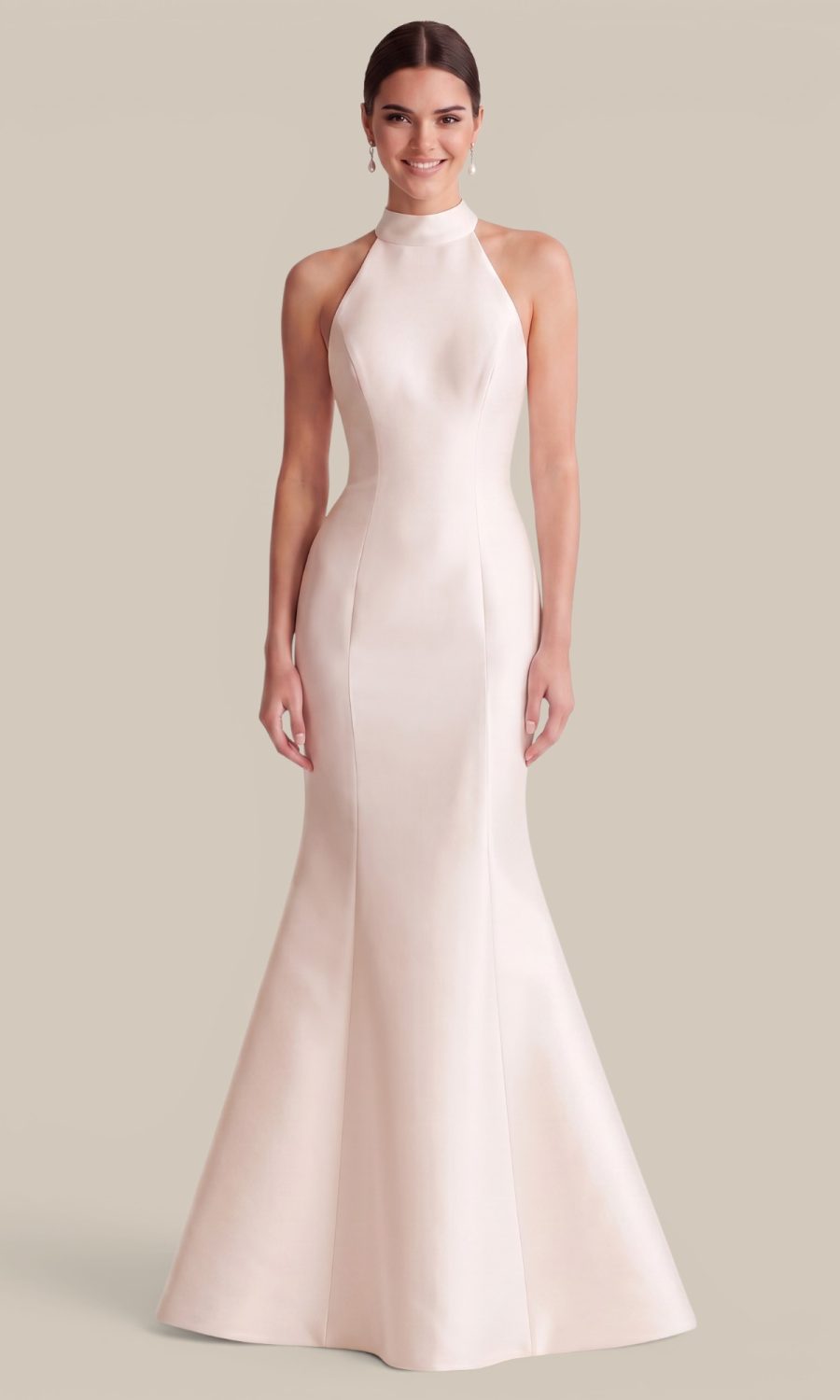 Off-white Mikado mermaid wedding dress featuring a modern halter neckline and impeccably tailored bodice.