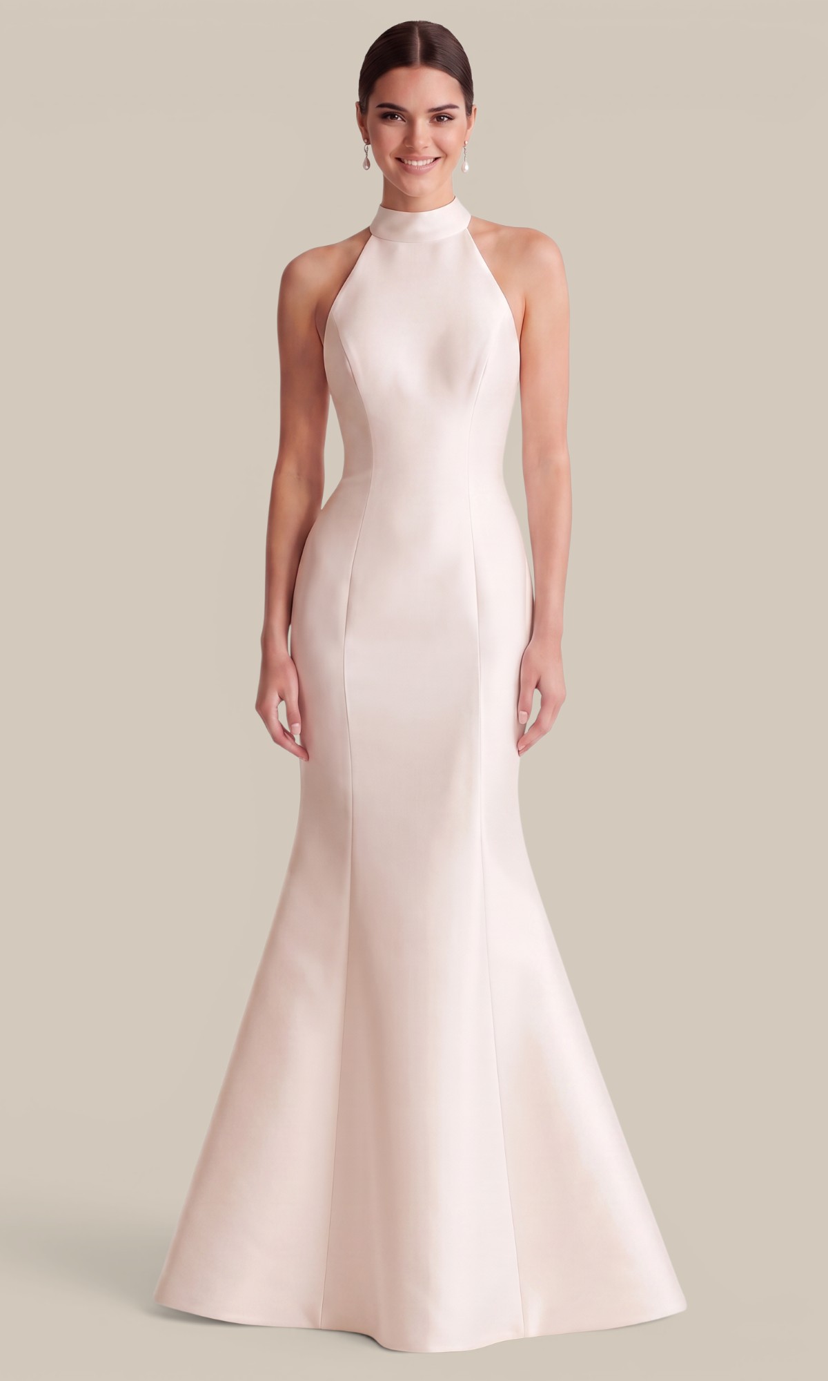 Off-white Mikado mermaid wedding dress featuring a modern halter neckline and impeccably tailored bodice.