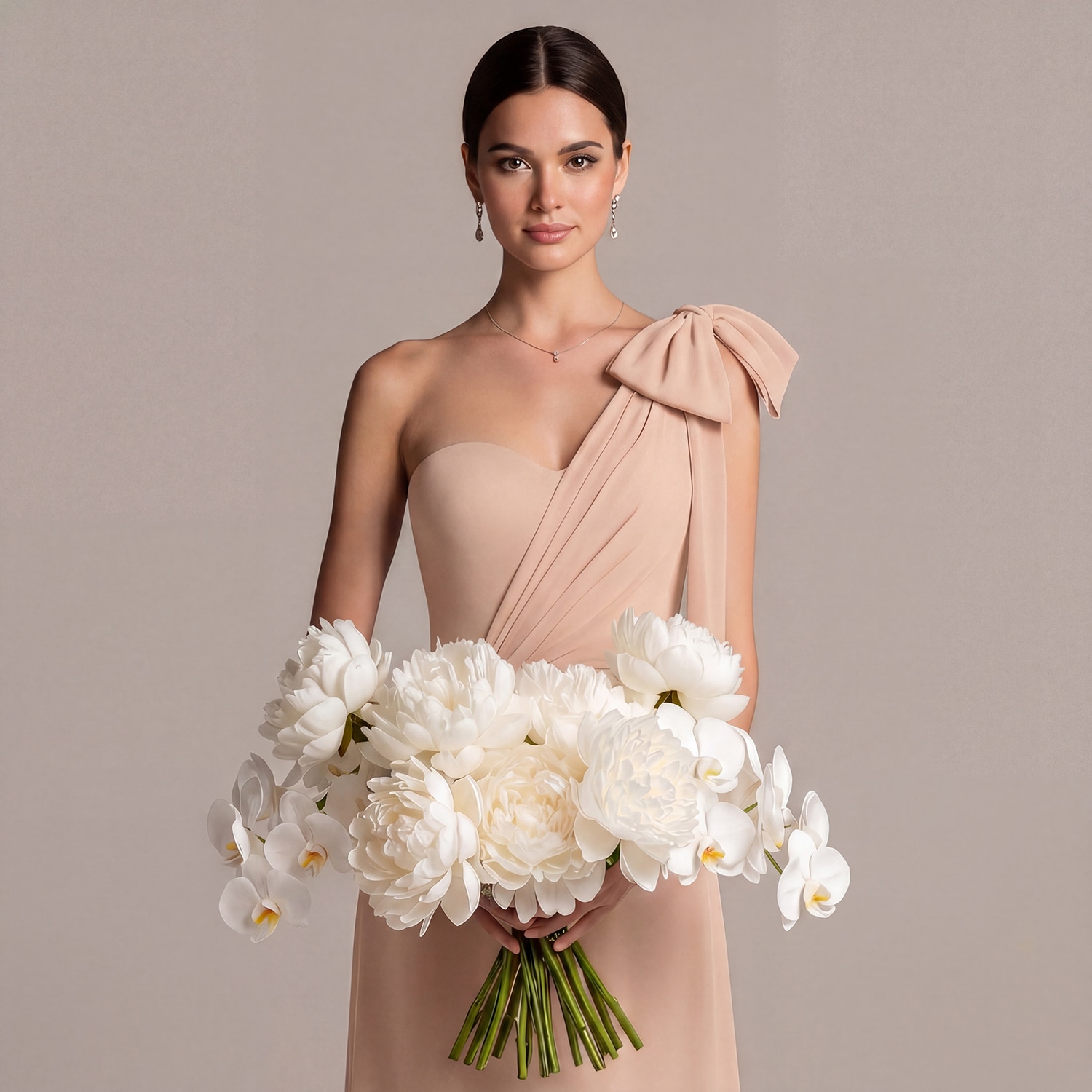 natasha-millani-boutique-bridesmaid-dress Bridesmaid is wearing elegantly tailored beige one-shoulder boutique bridesmaid dress by Natasha Millani