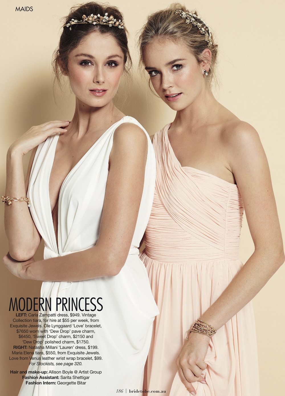 natasha-millani-bride-to-be-magazine-editorial-feature A vintage editorial feature in Bride to Be magazine, showcasing a classic Natasha Millani bridesmaid dress styled elegantly alongside Australian fashion icon Carla Zampatti.