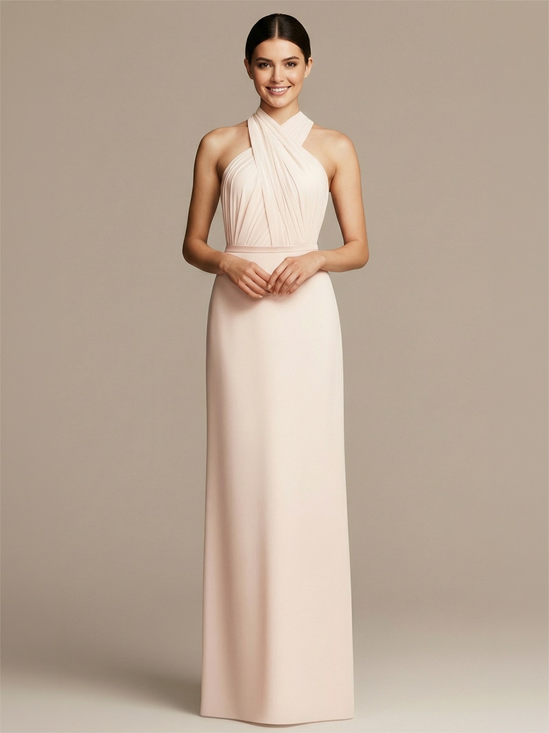 blush-pink--chiffon-bridesmaid-dress-from-online-boutique Elegant blush pink floor-length chiffon bridesmaid dress featuring a-line design and tailored bodice with cross panels.